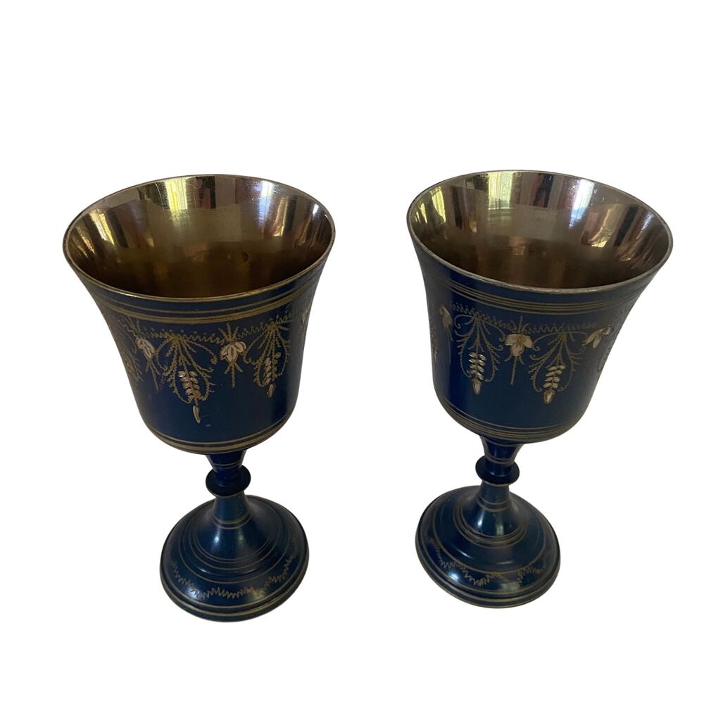 Pair of VTG Enameled Brass Kiddush Goblets Blue Floral Etched Made in Israel